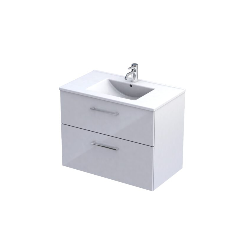Zestaw szafka z umywalka 80 cm, dwie szuflady GEO biały połysk, umywalka ceramiczna ORISTO KI01-ZD2S-80-1