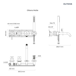 Molle bateria wannowo-prysznicowa podtynkowa 4-otworowa złoty połysk OLTENS 34105800
