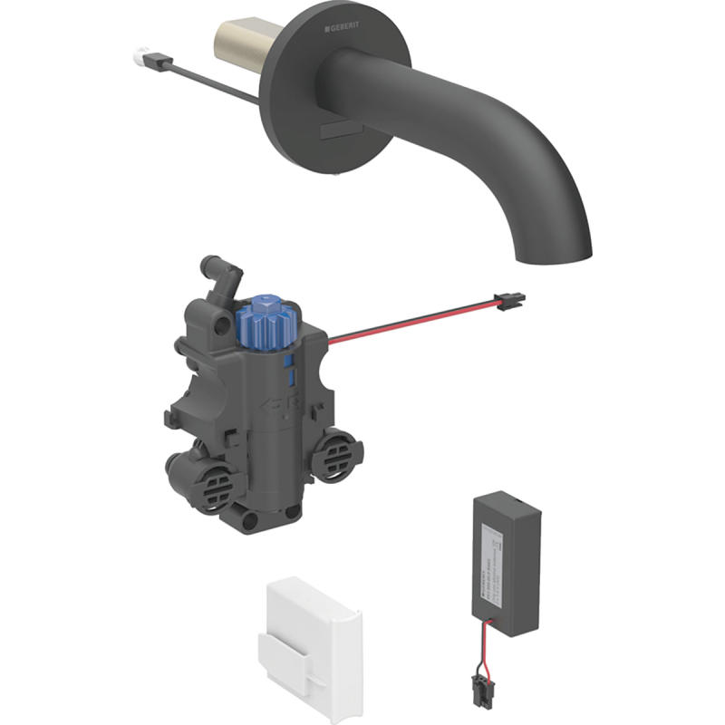 Bateria umyw. Piave, ścienna, na baterie, do podtynk. skrzyni funkcji, z termostatem, L22cm, czarny mat GEBERIT 116.288.14.1
