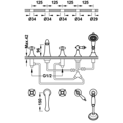 Bateria dwuuchwytowa z montażem na krawędzi wanny TRES CLASIC stal TRES 24214602AC