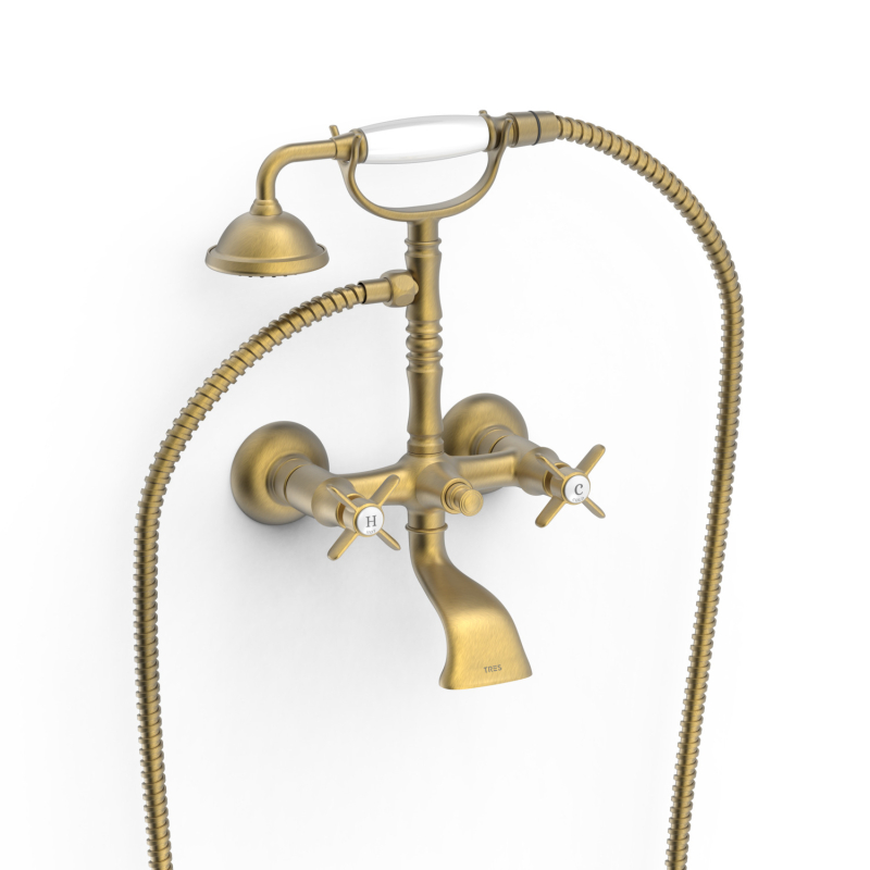 Bateria dwuuchwytowa ścienna wannowa i prysznicowa TRES CLASIC mosiądz antyczny matowy TRES 24217601LM