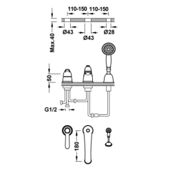 Bateria jednouchwytowa z montażem na krawędzi wanny TRES CLASIC mosiądz antyczny TRES 24214501LV