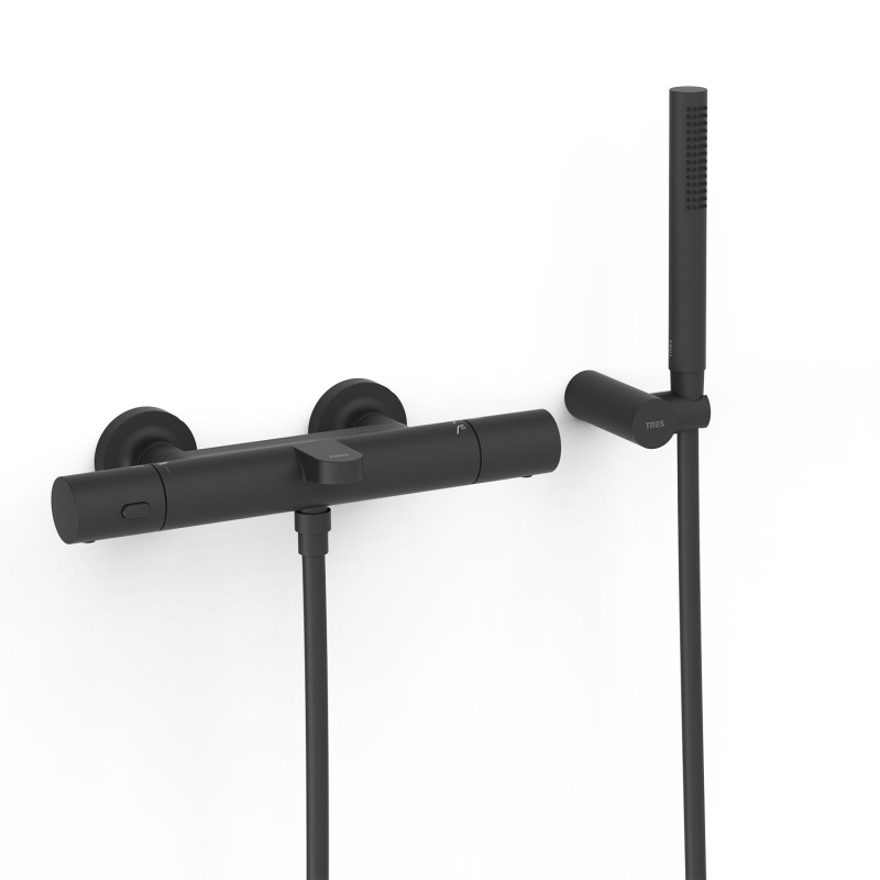 Bateria termostatyczna naścienna wannowa i prysznicowa OVER-WALL czerń matowa TRES 19017429NM