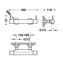 Bateria termostatyczna naścienna wannowa z ergonomicznymi dźwigniami OVER-WALL chrom TRES 19026410