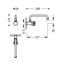 Bateria naścienna 1-drożna do biura lub pralni chrom TRES 123506