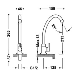 Bateria 1-drożna z uchwytem bocznym do biura lub pralni chrom TRES 21530601