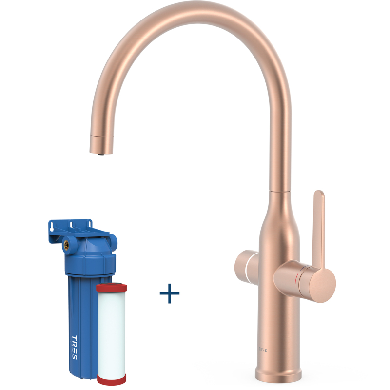 Dwudrożna bateria jednouchwytowa do wody wodociągowej i filtrowanej do kuchni 24-k matowe różowe złoto TRES 23045301OPM