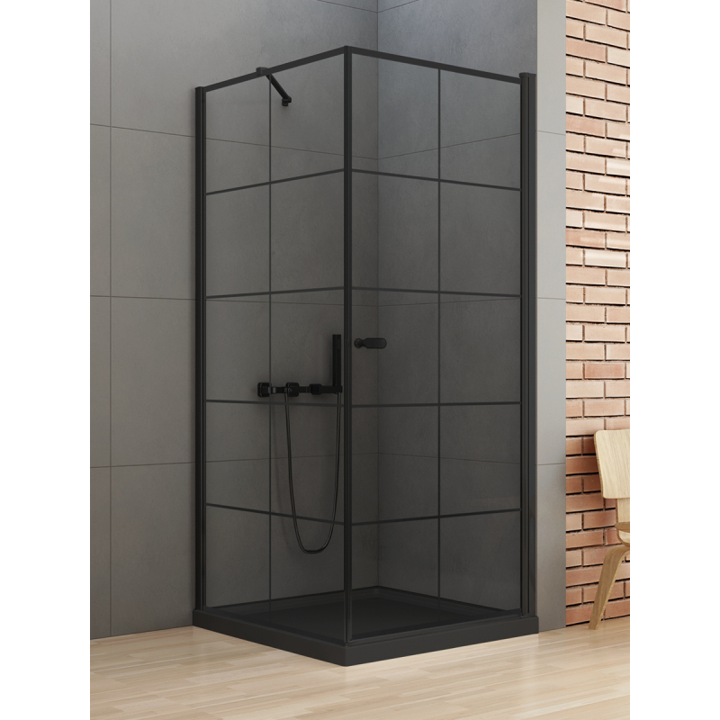 KABINA NEW SOLEO BLACK 1D KWADRATOWA P 90x90x195 CZYSTE 6mm POWŁOKA WZÓR KRATKA CZARNY MAT NEW TRENDY D-0285A/D-0121B-WP