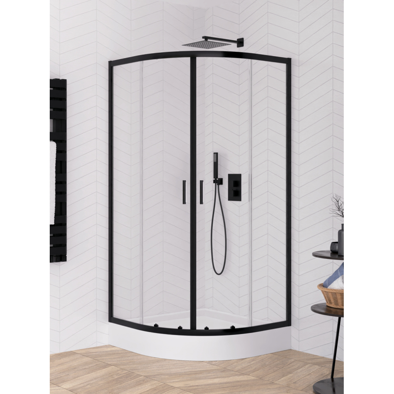 ZESTAW Z BRODZIKIEM SUVIA BLACK 2D PÓŁOKRĄGŁA U 90x90x201 CZYSTE 5mm   CZARNY MAT NEW TRENDY ZS-0010