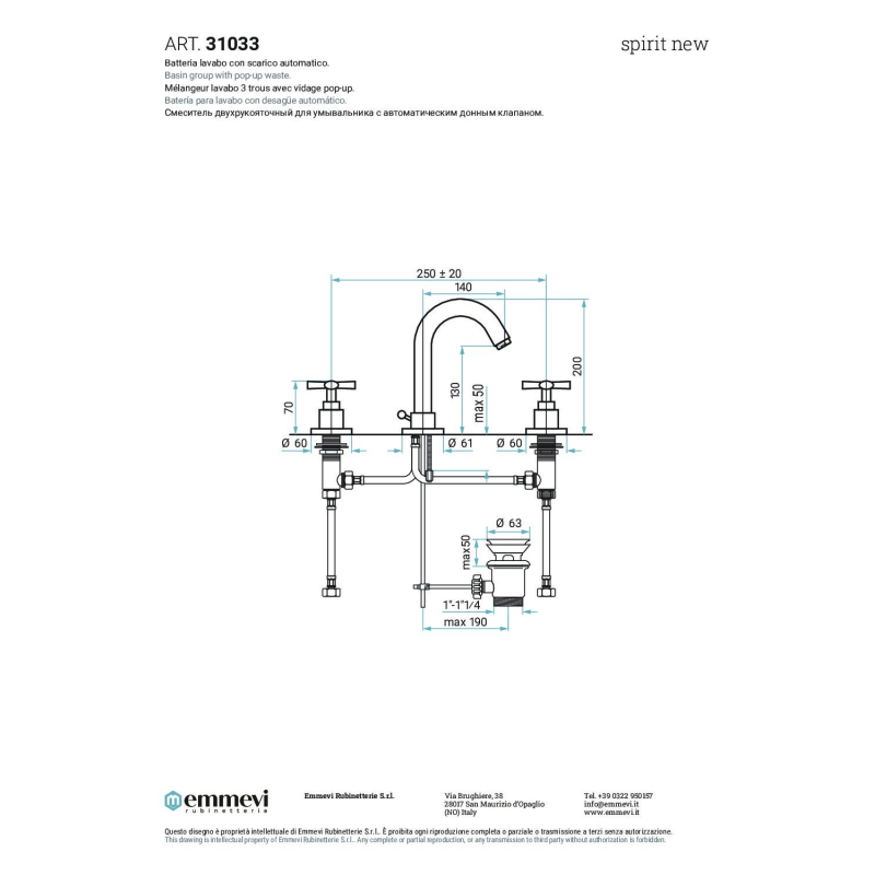 Bateria umywalkowa 3-otworowa Spirit New czarny mat EMMEVI RUBINETTERIE 31033NO