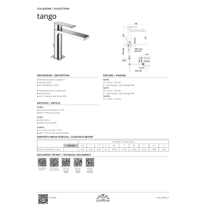 Bateria umywalkowa (clickclack) Tango stal szczotkowana PAFFONI RUBINETTERIE TA071KST