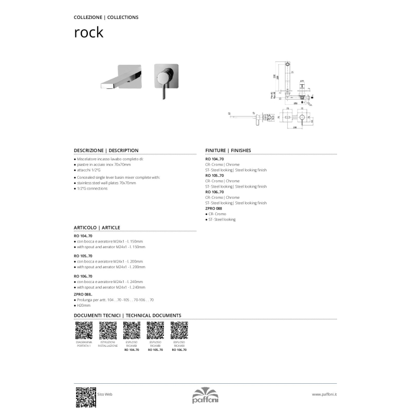 Bateria umywalkowa podtynkowa 200mm Rock stal szczotkowana PAFFONI RUBINETTERIE RO105ST70