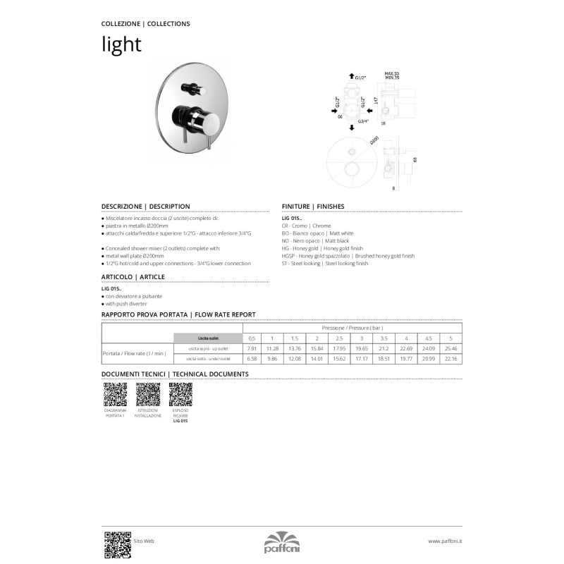 Bateria podtynkowa 2-drożna Light złoty PAFFONI RUBINETTERIE LIG015HG