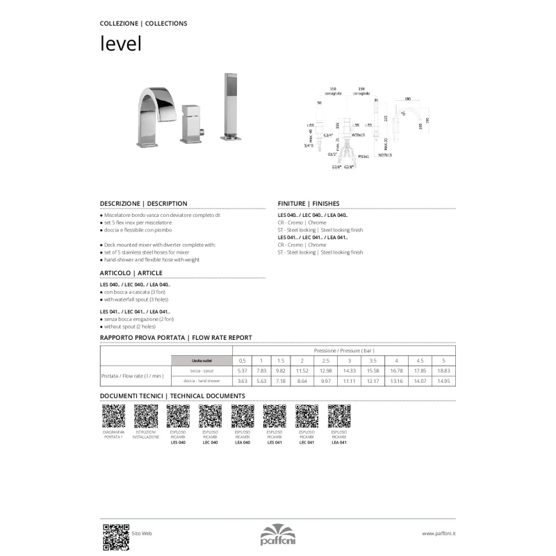Bateria wannowa 3-otworowa Level stal szczotkowana PAFFONI RUBINETTERIE LEC040ST