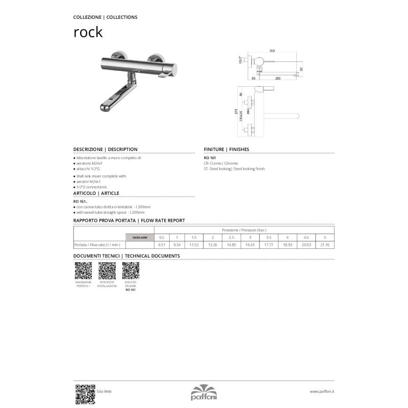 Bateria umywalkowa ścienna Rock stal szczotkowana PAFFONI RUBINETTERIE RO161ST