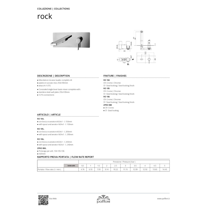 Bateria umywalkowa podtynkowa 250mm Rock stal szczotkowana PAFFONI RUBINETTERIE RO106ST