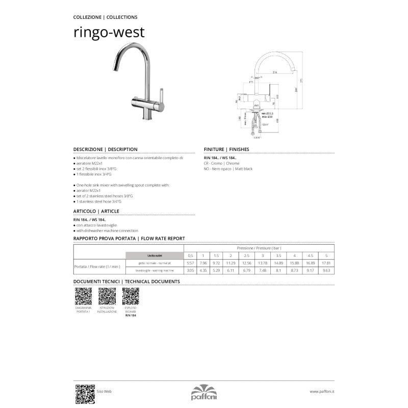Bateria zlewozmywakowa stojąca West chrom PAFFONI RUBINETTERIE WS184CR