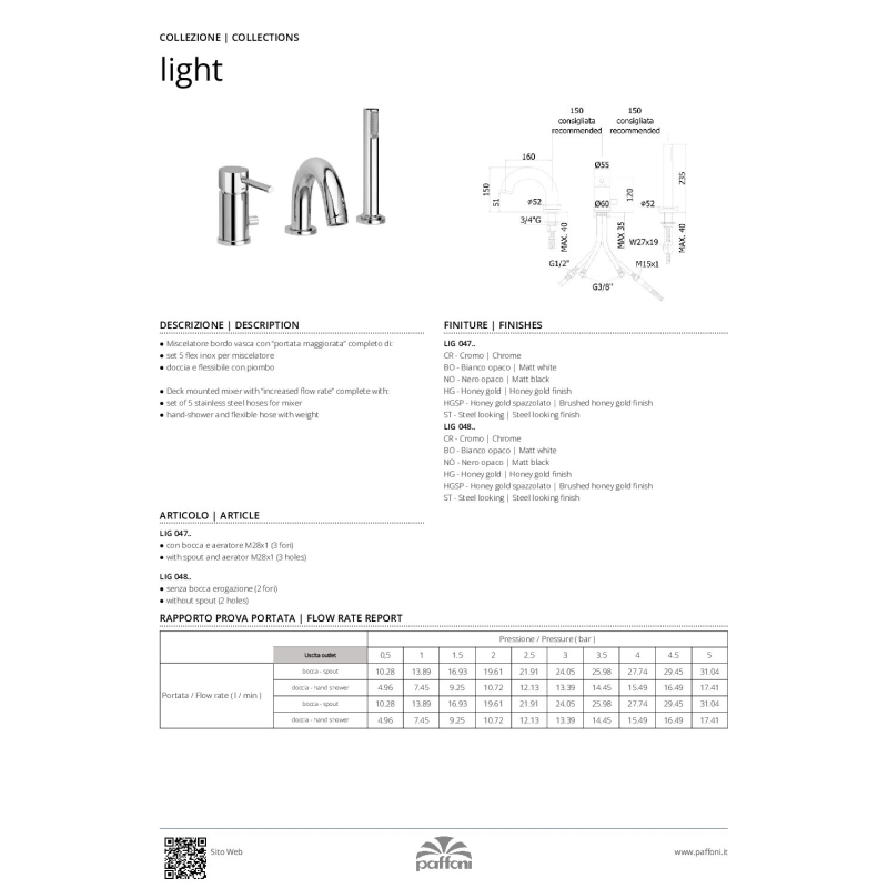 Bateria wannowa 3-otworowa Light miedź szczotkowana PAFFONI RUBINETTERIE LIG040LRMSP
