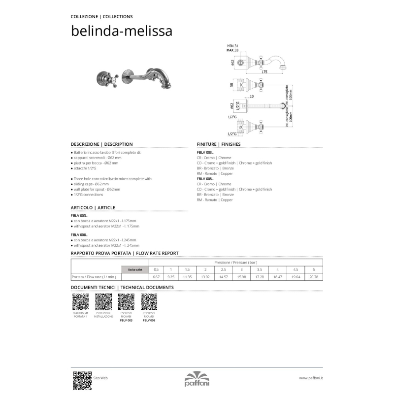 Bateria umywalkowa podtynkowa 175mm Belinda stare złoto PAFFONI RUBINETTERIE FBLV003BR