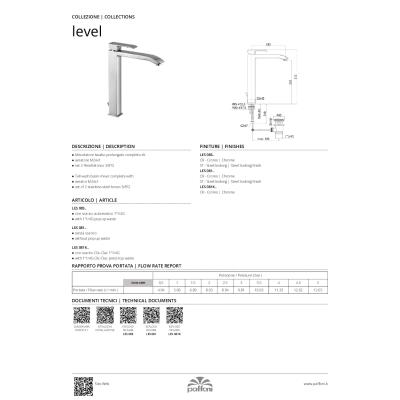 Bateria umywalkowa wysoka (bez korka) Level stal szczotkowana PAFFONI RUBINETTERIE LES081ST
