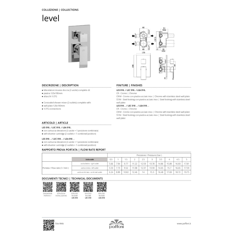 Bateria podtynkowa 2-drożna z przełącznikiemmechanicznym Level chrom PAFFONI RUBINETTERIE LEC018CR