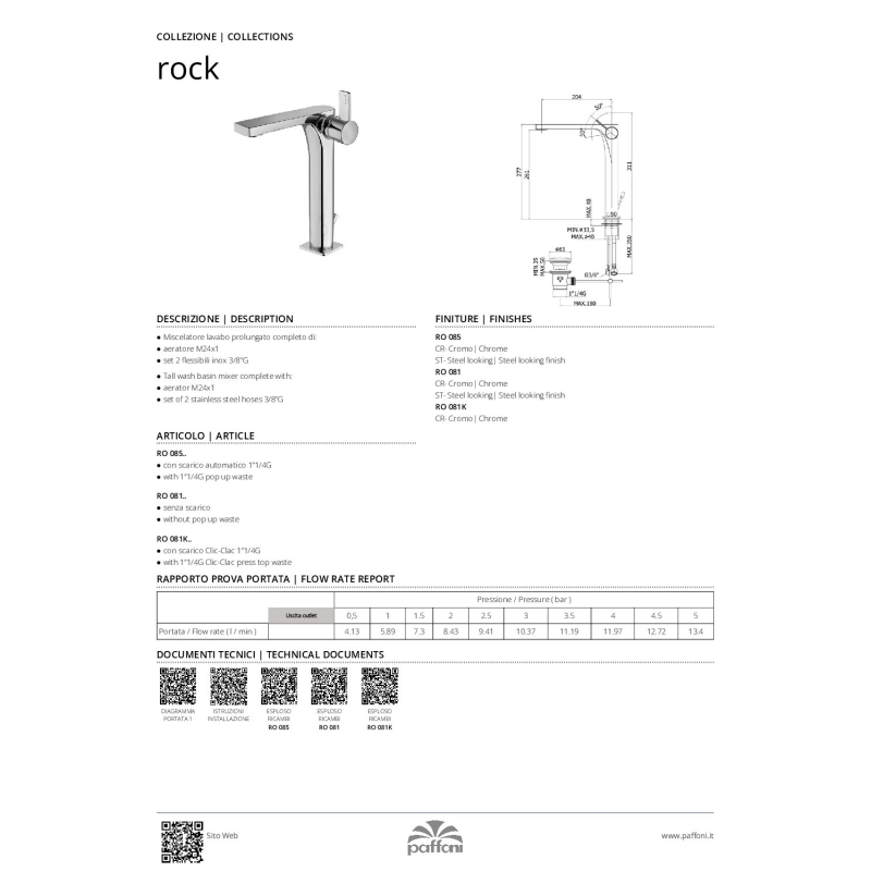 Bateria umywalkowa wysoka (clickclack) Rock stal szczotkowana PAFFONI RUBINETTERIE RO081KST