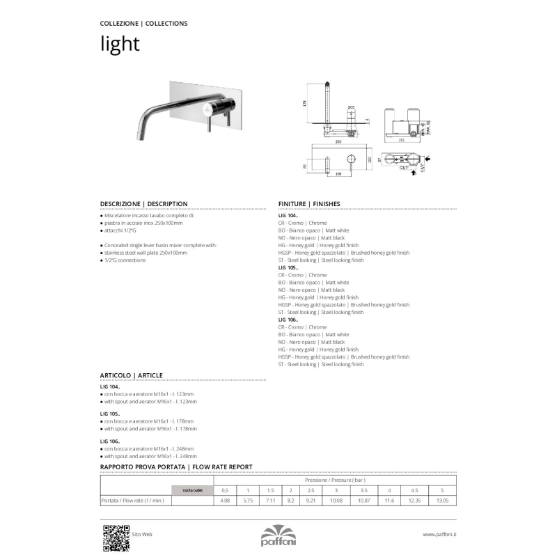 Bateria umywalkowa podtynkowa 248mm Light złoty PAFFONI RUBINETTERIE LIG106HG