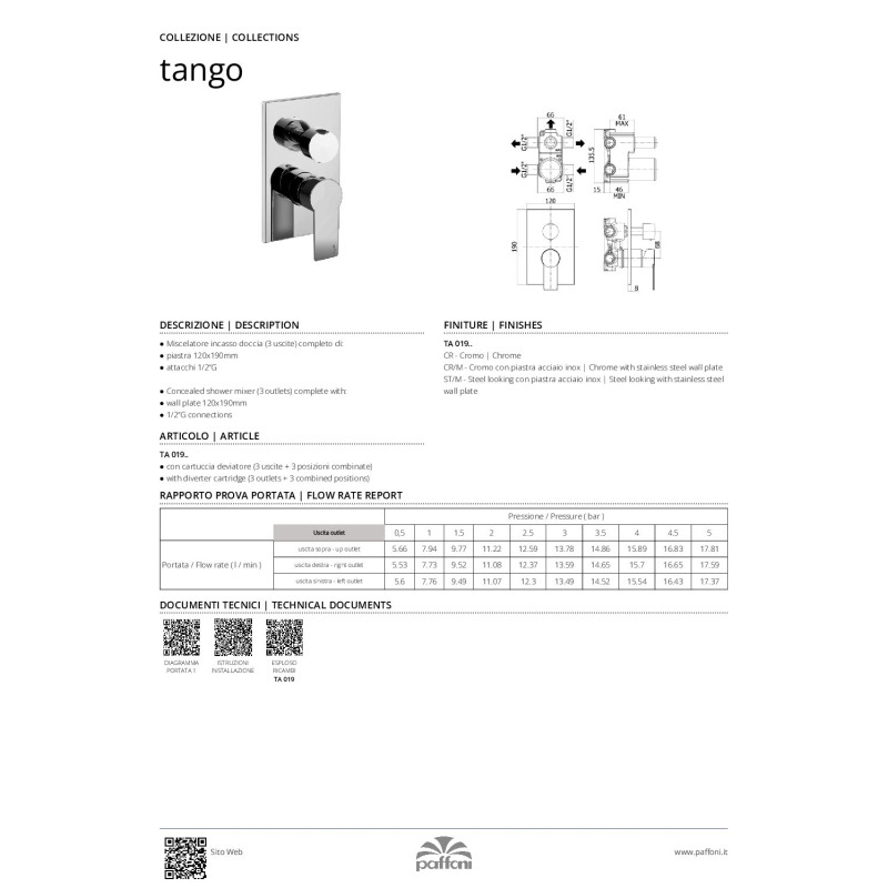 Bateria podtynkowa 3-drożna z przełącznikiemmechanicznym Tango stal szczotkowana PAFFONI RUBINETTERIE TA019ST