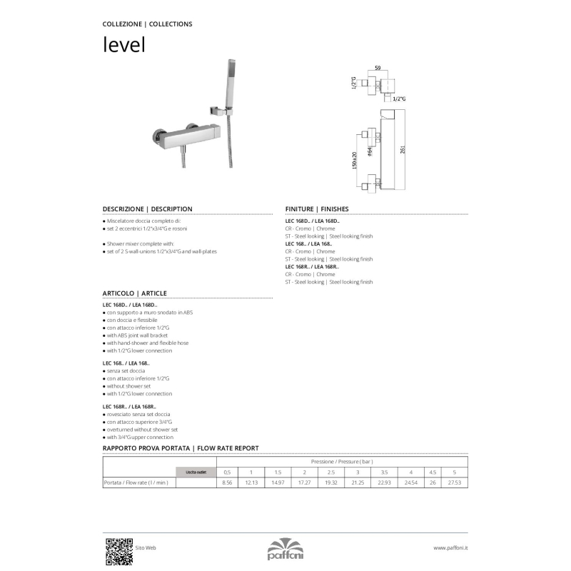 Bateria natryskowa ścienna (korpus) Level stal szczotkowana PAFFONI RUBINETTERIE LEC168ST