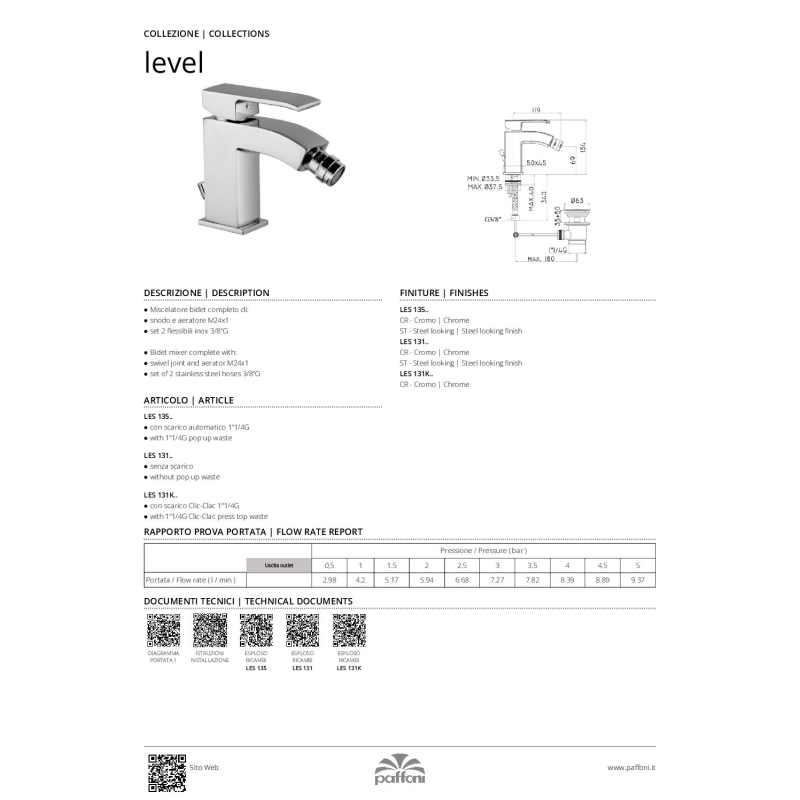 Bateria bidetowa stojąca (bez korka) Level stal szczotkowana PAFFONI RUBINETTERIE LES131ST