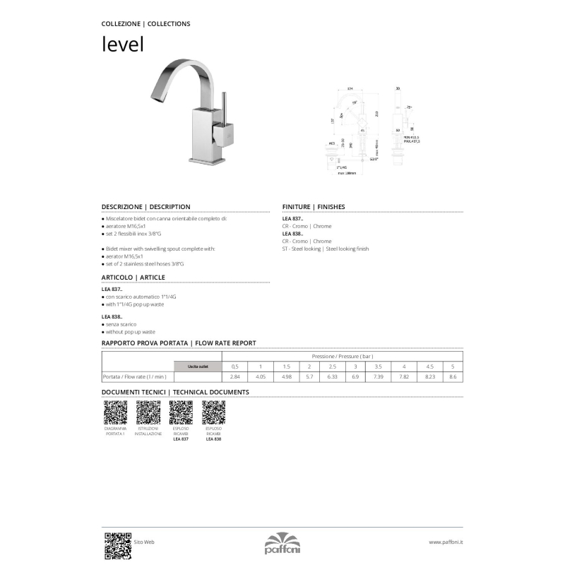 Bateria bidetowa stojąca (bez korka) Level stal szczotkowana PAFFONI RUBINETTERIE LEA838ST