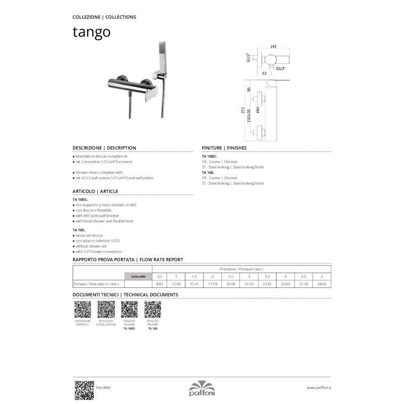 Bateria natryskowa ścienna (korpus) Tango stal szczotkowana PAFFONI RUBINETTERIE TA168ST