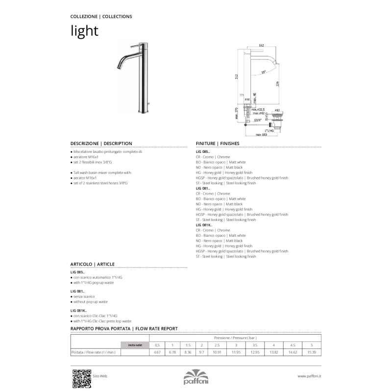 Bateria umywalkowa wysoka (clickclack) Light złoty PAFFONI RUBINETTERIE LIG081KHG