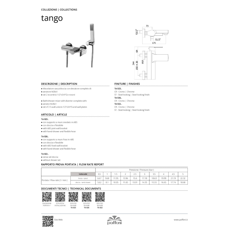 Bateria wannowa ścienna (korpus) Tango stal szczotkowana PAFFONI RUBINETTERIE TA022ST