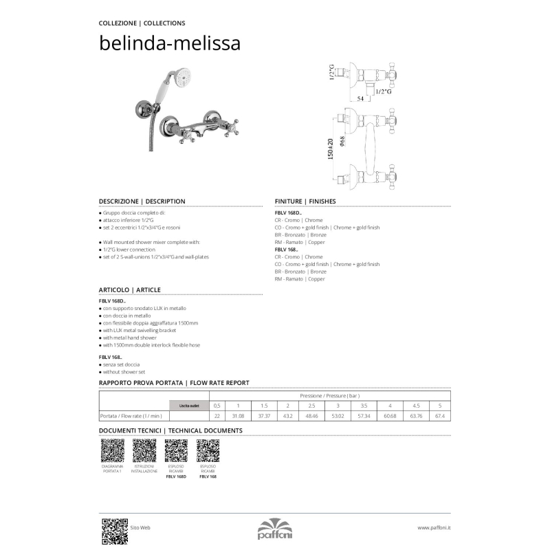 Bateria natryskowa ścienna (korpus) Belinda miedź szczotkowana PAFFONI RUBINETTERIE FBLV168RM