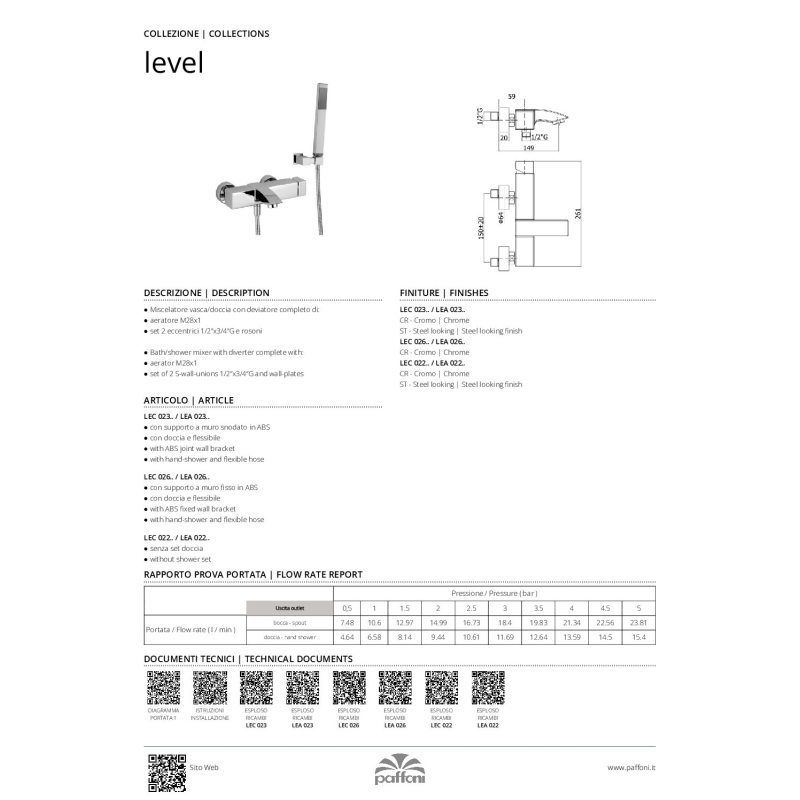 Bateria wannowa ścienna (korpus) Level stal szczotkowana PAFFONI RUBINETTERIE LEC022ST