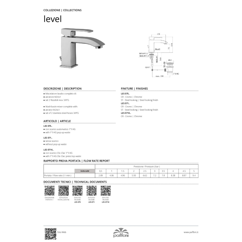Bateria umywalkowa stojąca Level stal szczotkowana PAFFONI RUBINETTERIE LES075ST