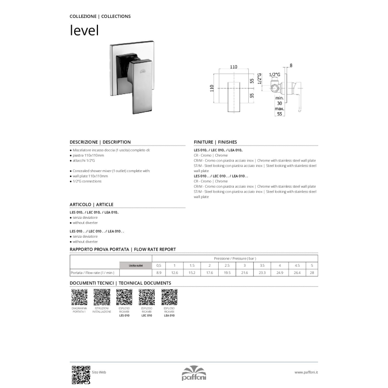 Bateria podtynkowa 1-drożna Level stal szczotkowana PAFFONI RUBINETTERIE LEC010ST