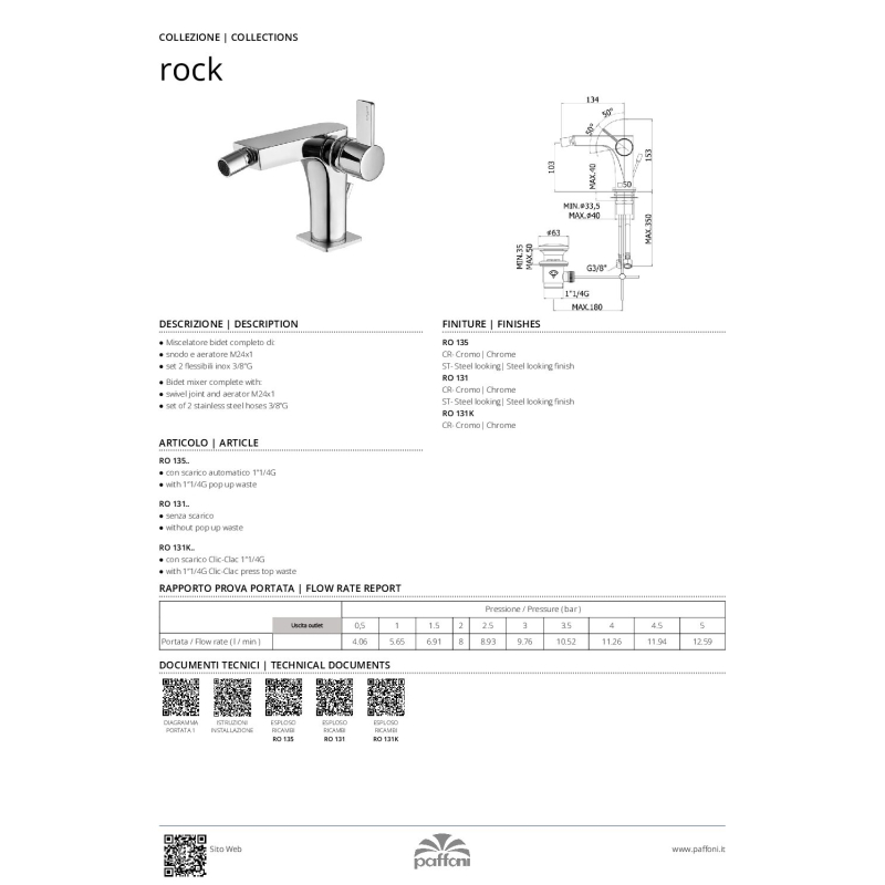 Bateria bidetowa stojąca (bez korka) Rock stal szczotkowana PAFFONI RUBINETTERIE RO131ST