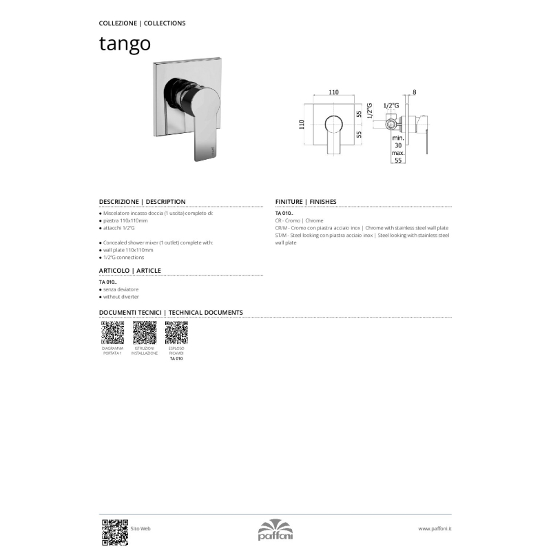 Bateria podtynkowa 1-drożna Tango stal szczotkowana PAFFONI RUBINETTERIE TA010ST