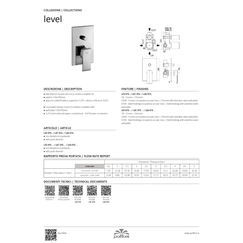 Bateria podtynkowa 2-drożna Level stal szczotkowana PAFFONI RUBINETTERIE LEC015ST