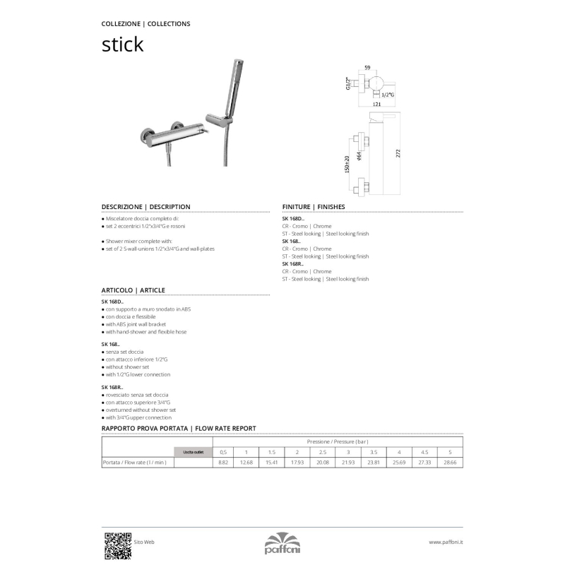 Bateria natryskowa ścienna (korpus) Stick stal szczokowana PAFFONI RUBINETTERIE SK168ST