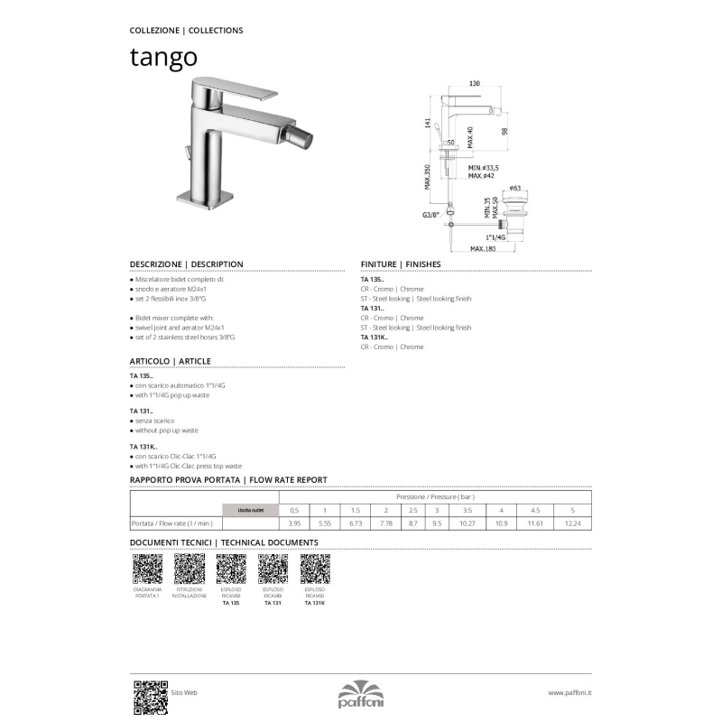 Bateria bidetowa stojąca (clickclack) Tango stal szczotkowana PAFFONI RUBINETTERIE TA131KST