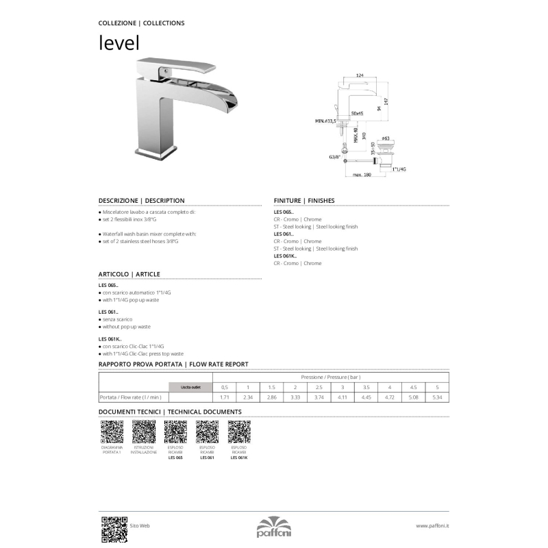 Bateria umywalkowa stojąca kaskada Level stal szczotkowana PAFFONI RUBINETTERIE LES065ST