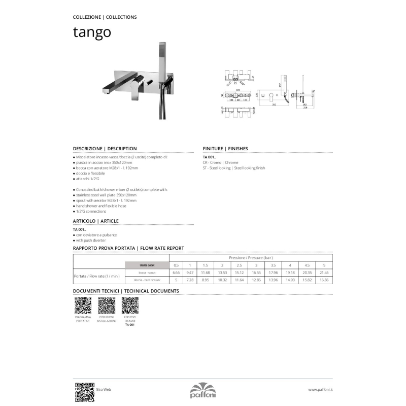 Bateria wannowa podtynkowa Tango stal szczotkowana PAFFONI RUBINETTERIE TA001ST