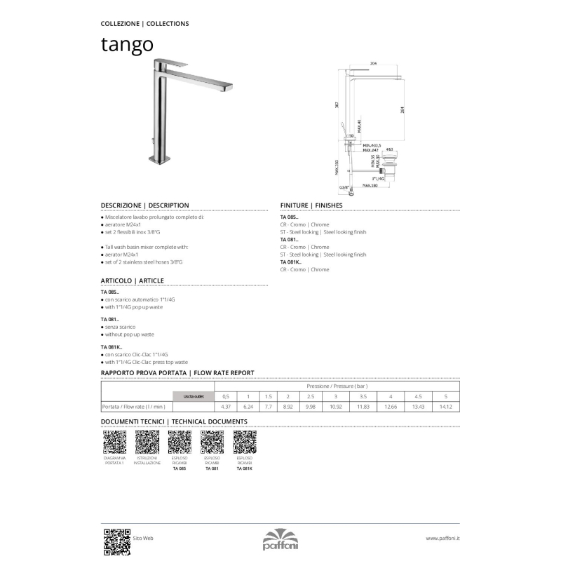 Bateria umywalkowa wysoka (clickclack) Tango stal szczotkowana PAFFONI RUBINETTERIE TA081KST