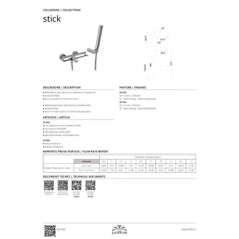 Bateria wannowa ścienna Stick stal szczokowana PAFFONI RUBINETTERIE SK023ST