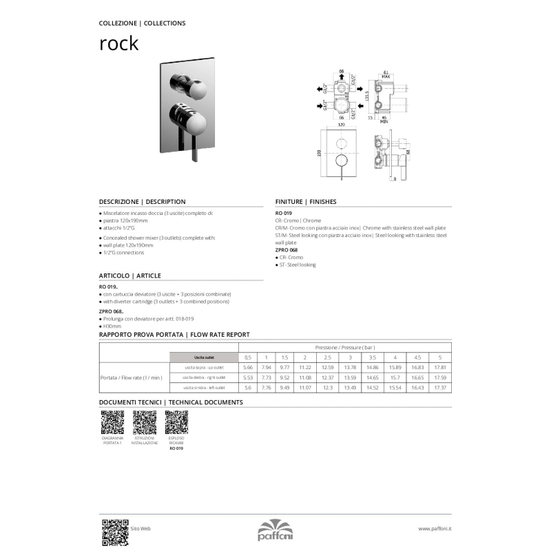 Bateria podtynkowa 3-drożna z przełącznikiemmechanicznym Rock stal szczotkowana PAFFONI RUBINETTERIE RO019ST