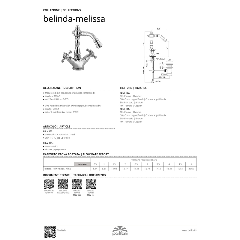 Bateria bidetowa stojąca Belinda stare złoto PAFFONI RUBINETTERIE FBLV135BR