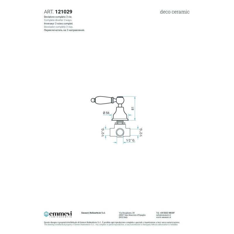 Zawór podtynkowy 3-drożny Laguna stare złoto EMMEVI RUBINETTERIE 121029BR